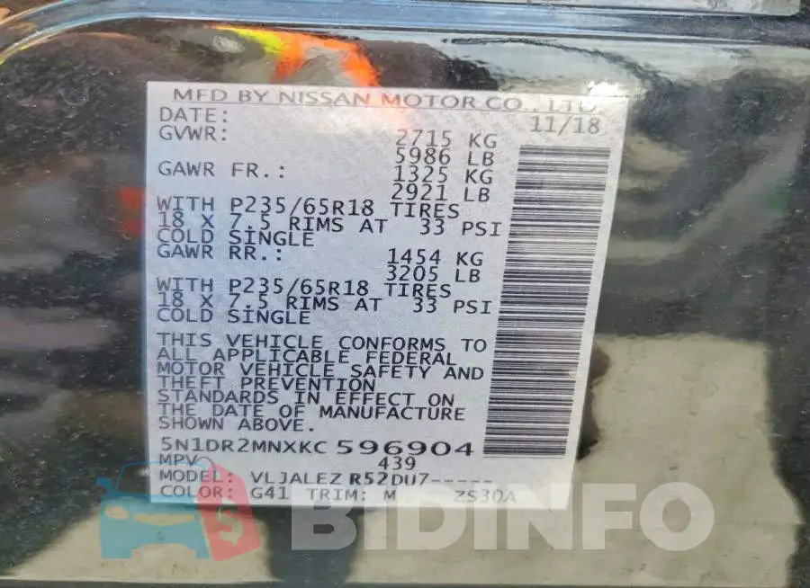 5N1DR2MNXKC596904 Photo# 13