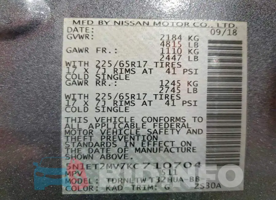 5N1ET2MV7KC710704 Photo# 13