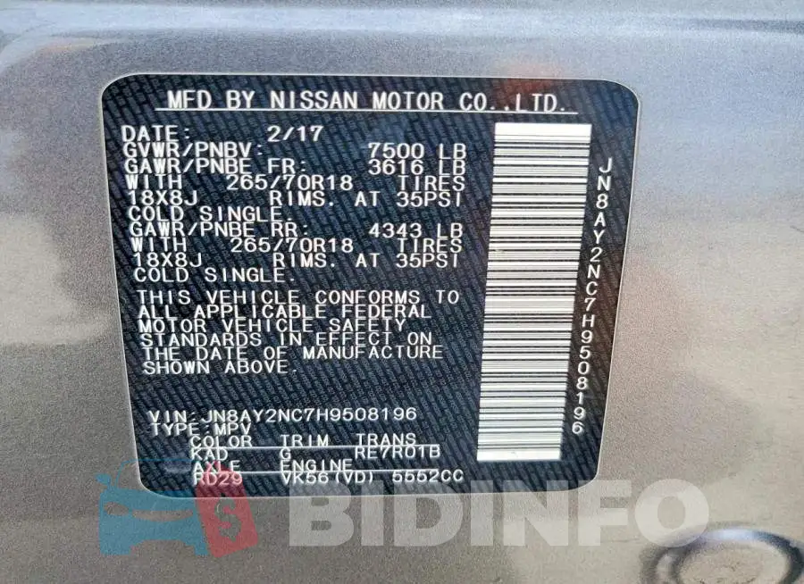 JN8AY2NC7H9508196 Photo# 13