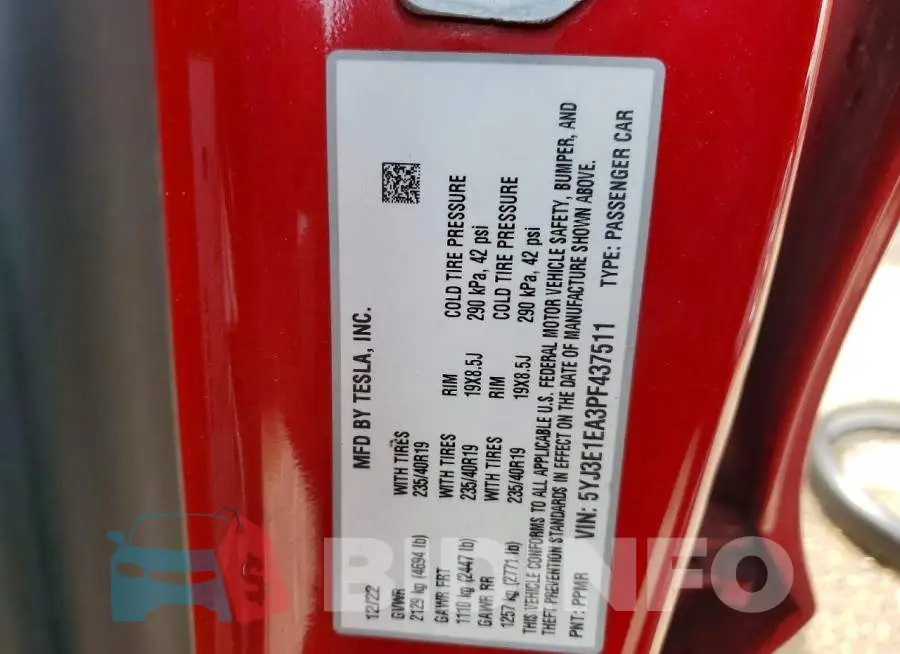 5YJ3E1EA3PF437511 Photo# 12