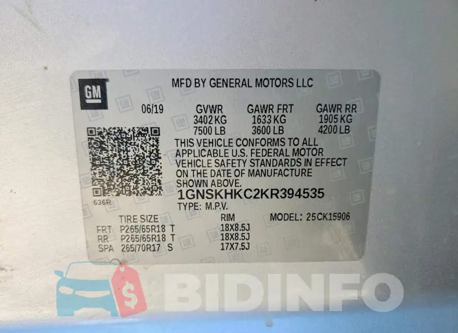 1GNSKHKC2KR394535 Photo# 13