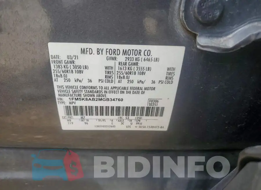 1FM5K8AB2MGB34760 Photo# 14