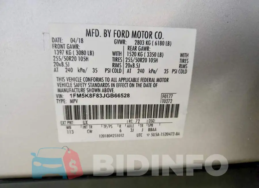 1FM5K8F83JGB66528 Photo# 13