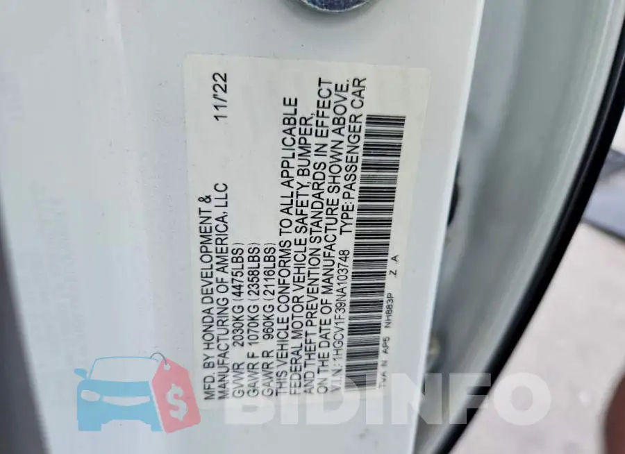 1HGCV1F39NA103748 Photo# 13