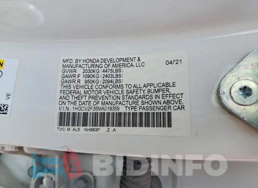 1HGCV2F35MA018359 Photo# 13