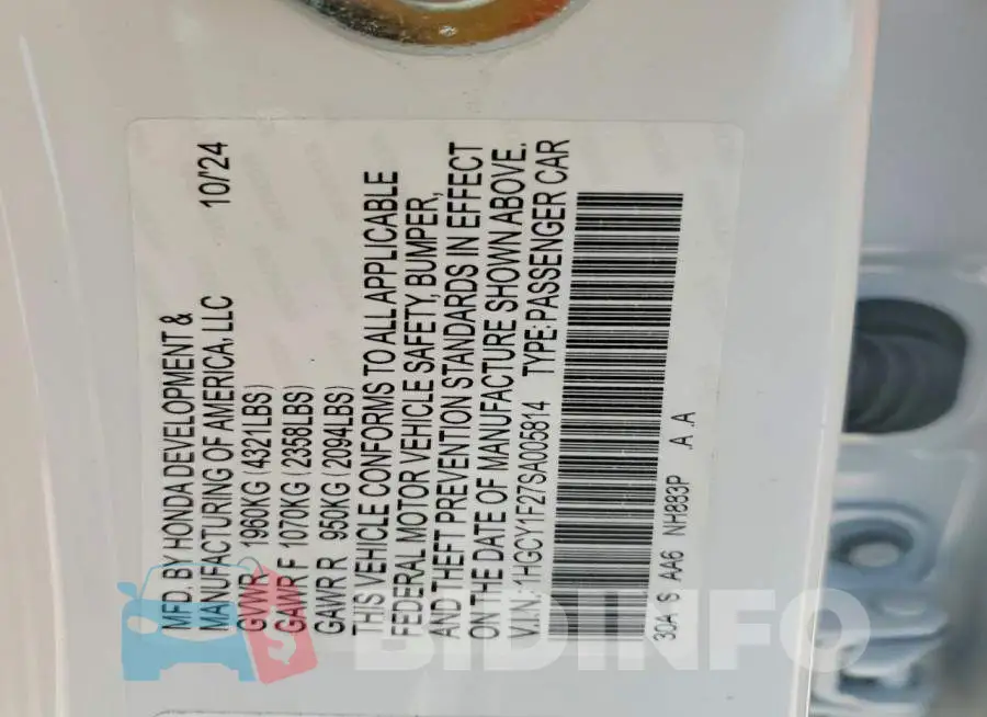 1HGCY1F27SA005814 Photo# 12