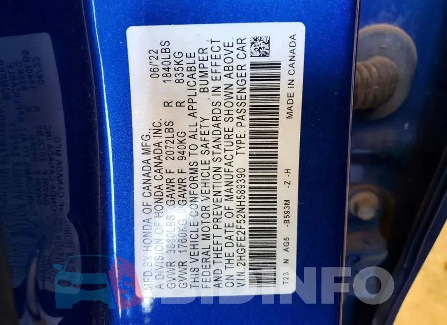 2HGFE2F52NH589390 Photo# 12