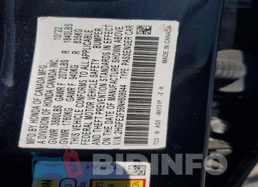 2HGFE2F56NH608944 Photo# 12