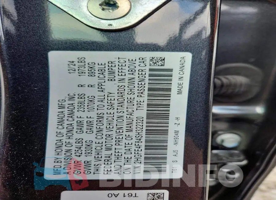 2HGFE4F84SH322320 Photo# 12