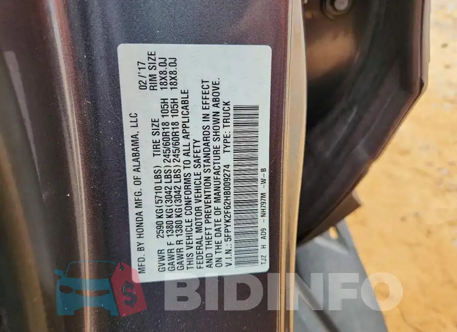 5FPYK2F62HB009274 Photo# 12