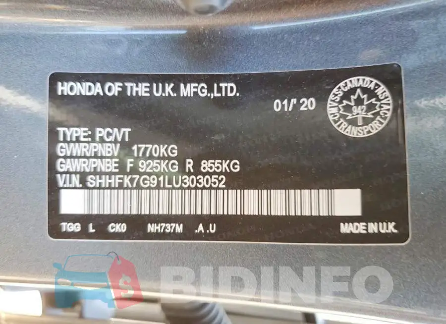 SHHFK7G91LU303052 Photo# 13