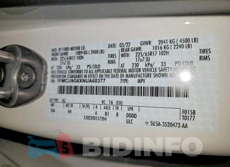 1FMCU9G6XNUA60377 Photo# 13