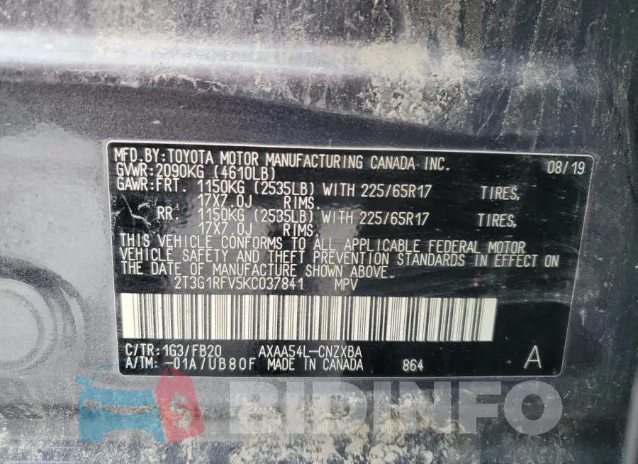 2T3G1RFV5KC037841 Photo# 12