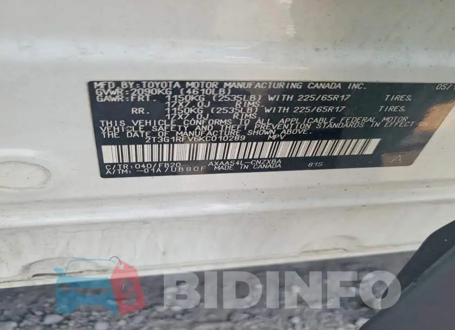 2T3G1RFV6KC010289 Photo# 14