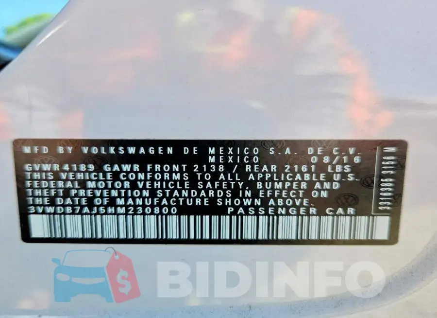 3VWDB7AJ5HM230800 Photo# 13