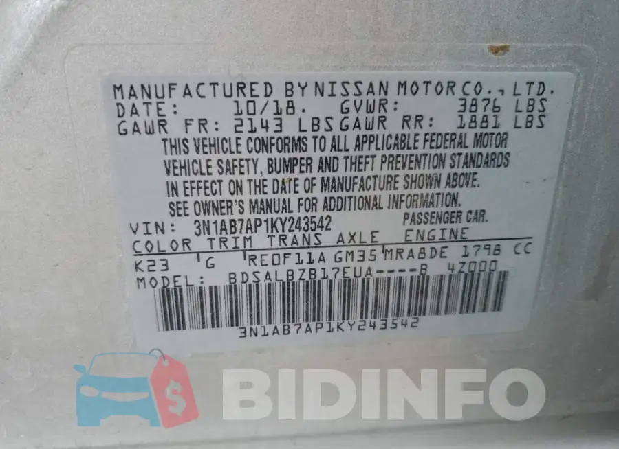 3N1AB7AP1KY243542 Photo# 12