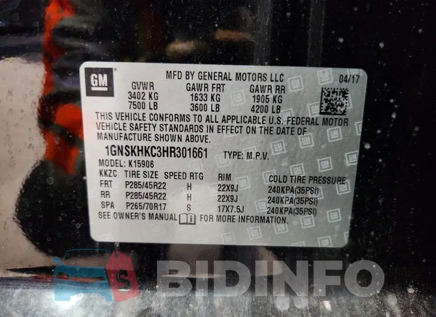 1GNSKHKC3HR301661 Photo# 13