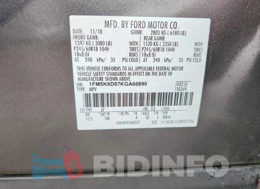 1FM5K8D87KGA66890 Photo# 13