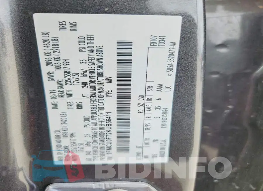 1FMCU0F72KUB56411 Photo# 12