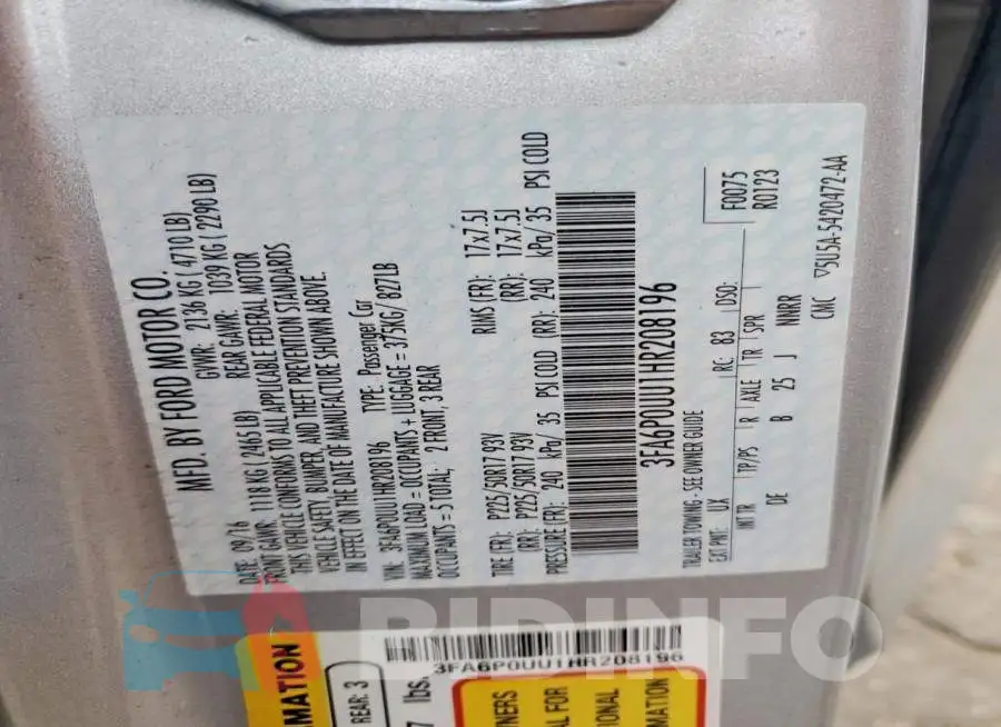 3FA6P0UU1HR208196 Photo# 12