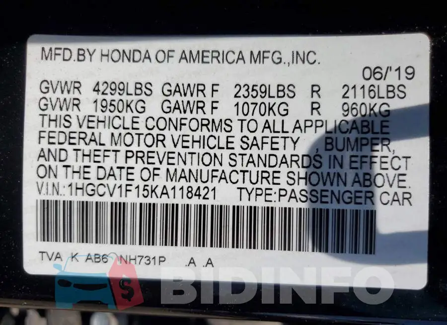 1HGCV1F15KA118421 Photo# 12