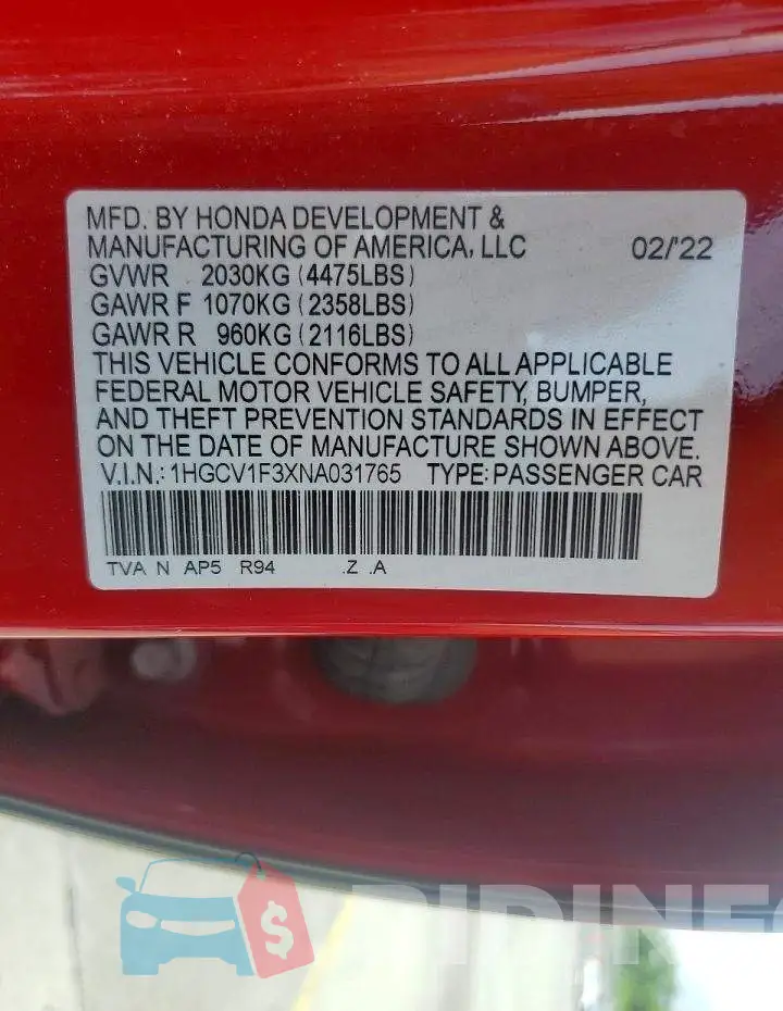 1HGCV1F3XNA031765 Photo# 12