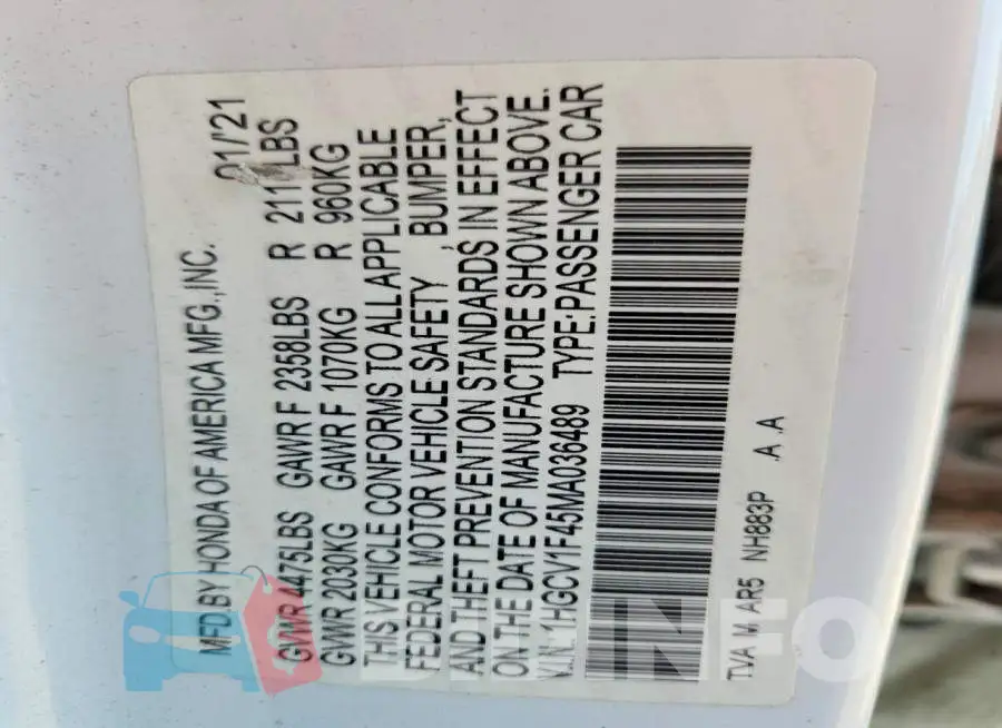 1HGCV1F45MA036489 Photo# 12