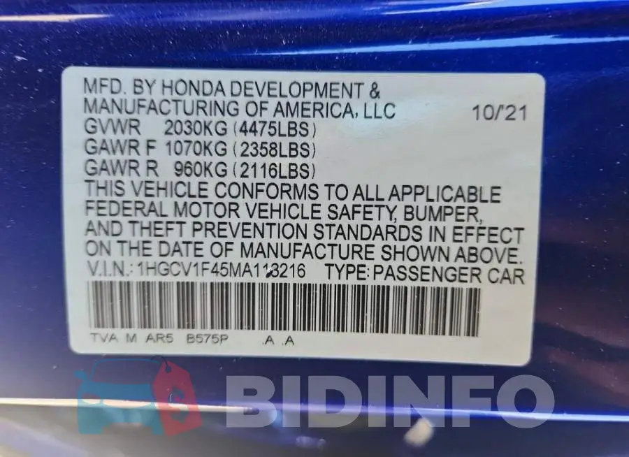 1HGCV1F45MA113216 Photo# 12
