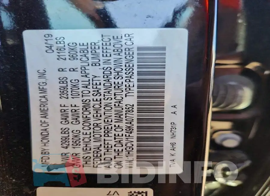 1HGCV1F49KA077852 Photo# 12
