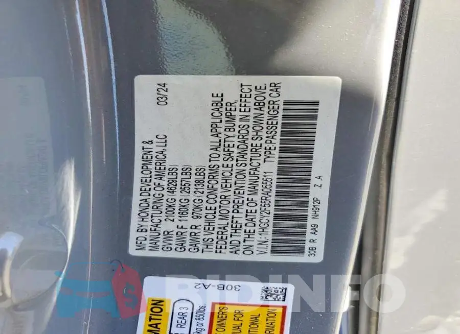 1HGCY2F55RA055511 Photo# 12
