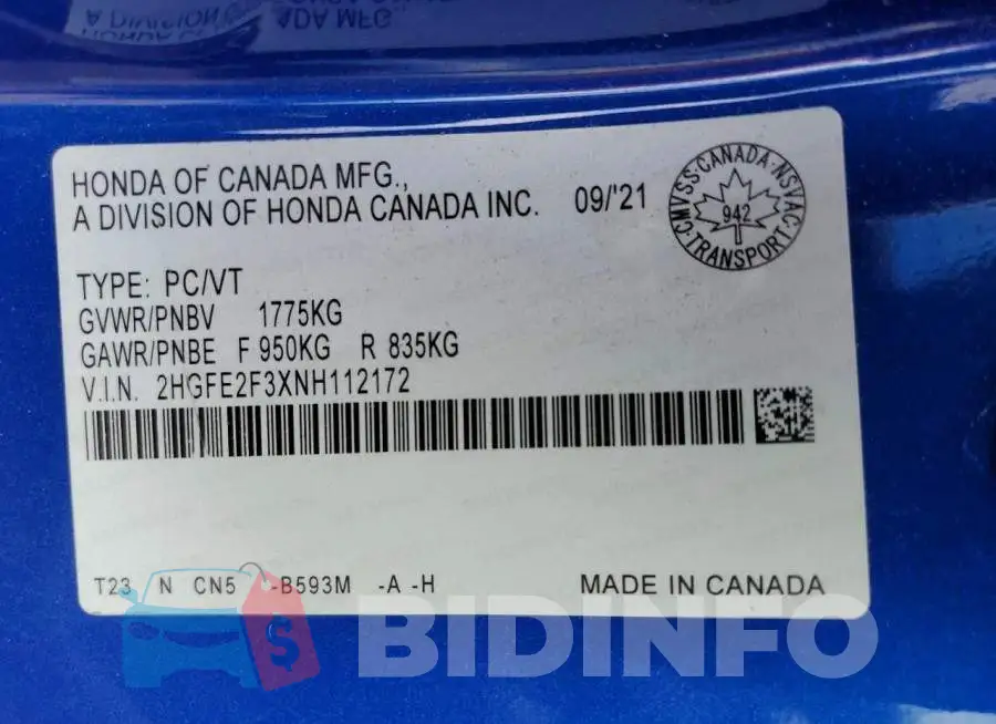 2HGFE2F3XNH112172 Photo# 12