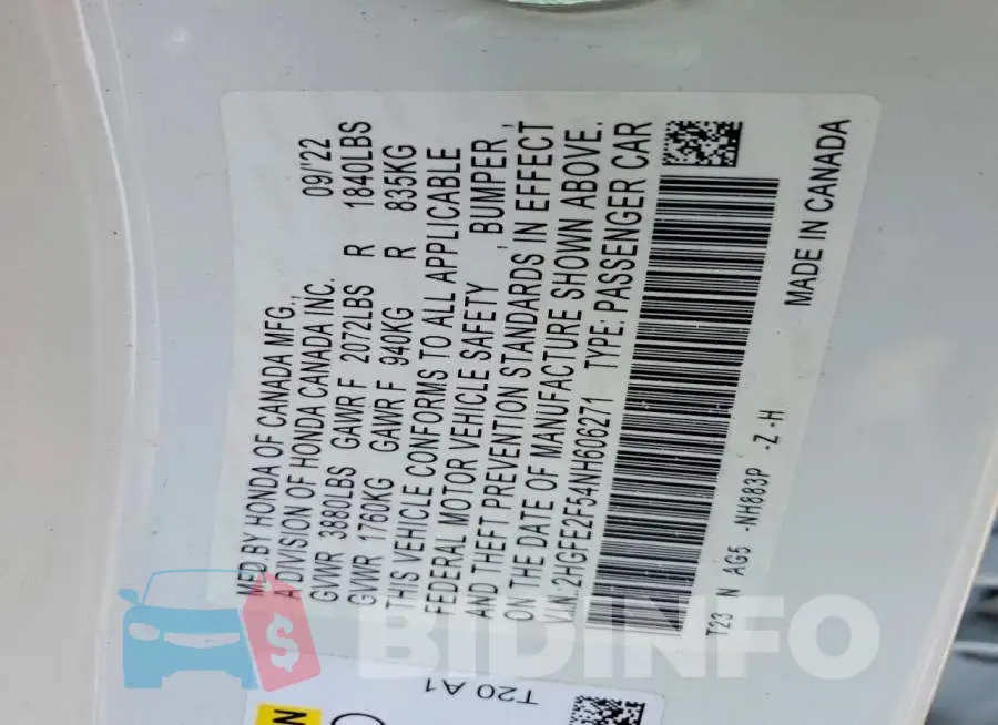 2HGFE2F54NH606271 Photo# 13