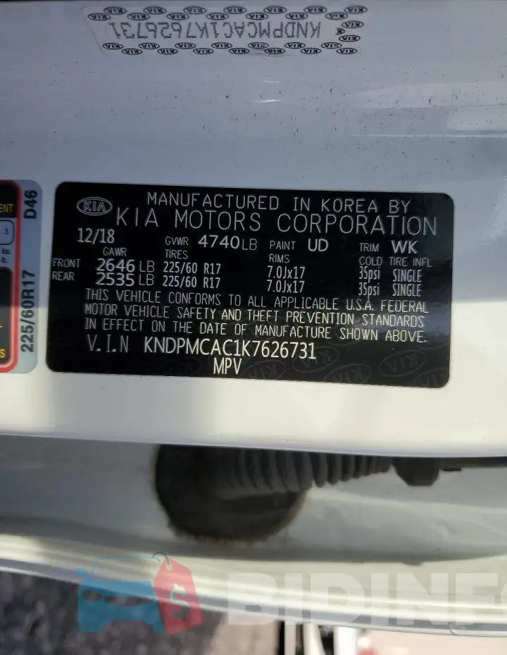 KNDPMCAC1K7626731 Photo# 13