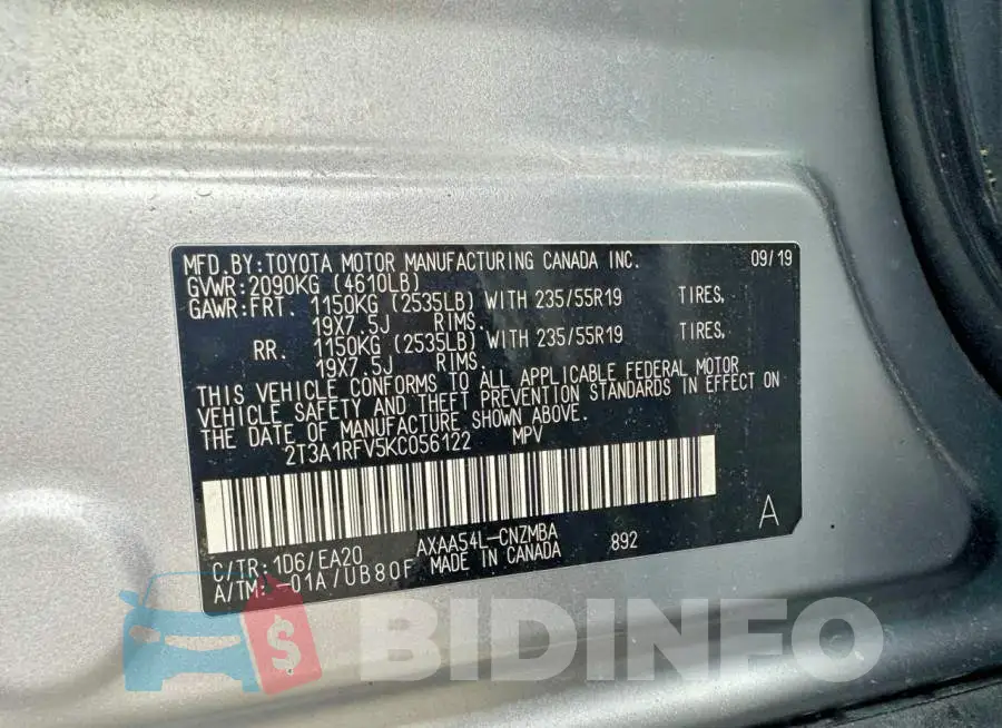 2T3A1RFV5KC056122 Photo# 12