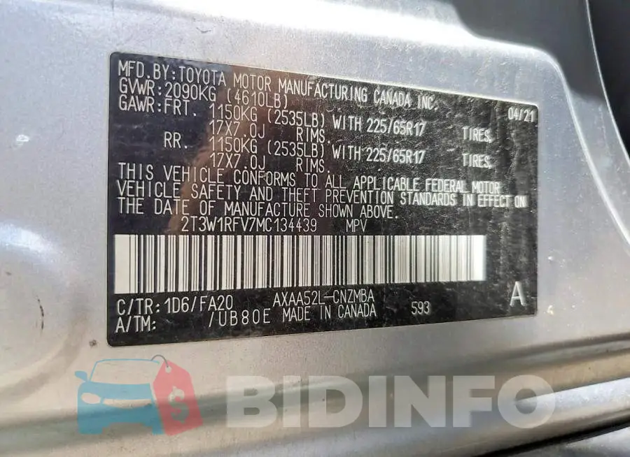 2T3W1RFV7MC134439 Photo# 12