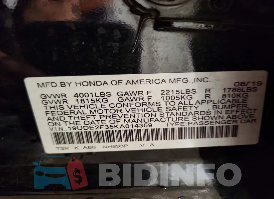 19UDE2F35KA014359 Photo# 12