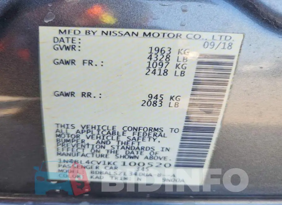 1N4BL4CV1KC100520 Photo# 12