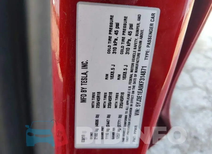 5YJ3E1EA9KF314871 Photo# 12