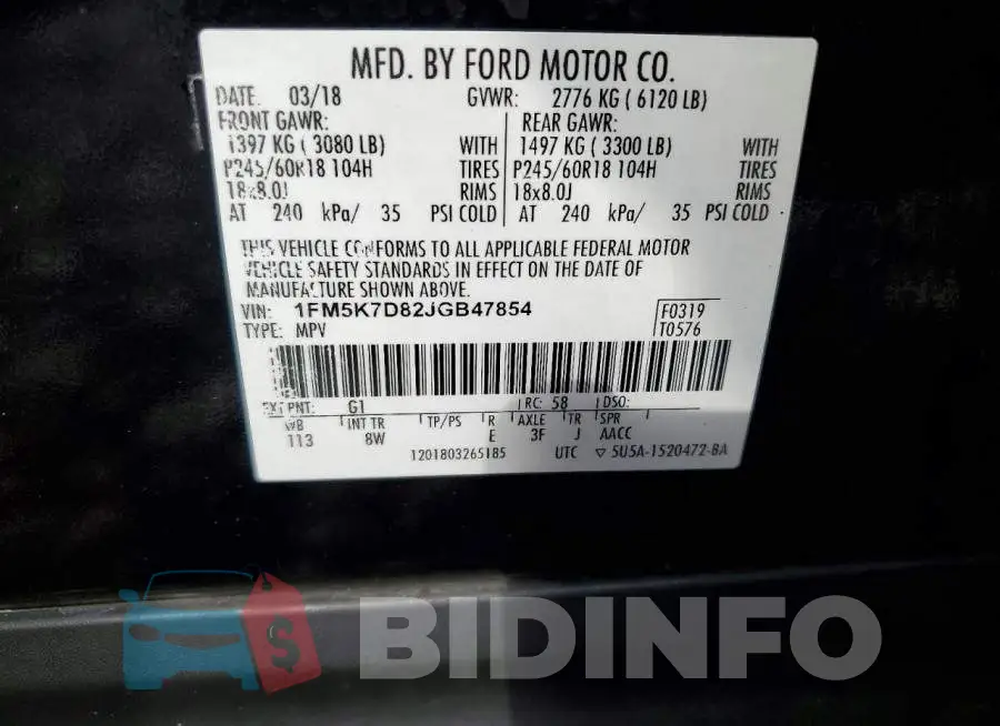 1FM5K7D82JGB47854 Photo# 13