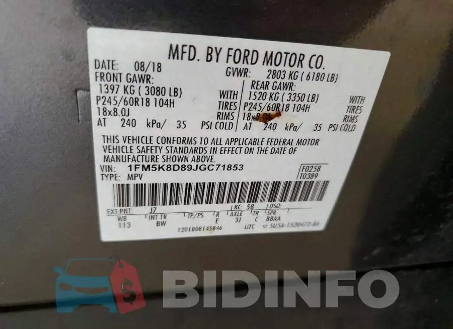 1FM5K8D89JGC71853 Photo# 13