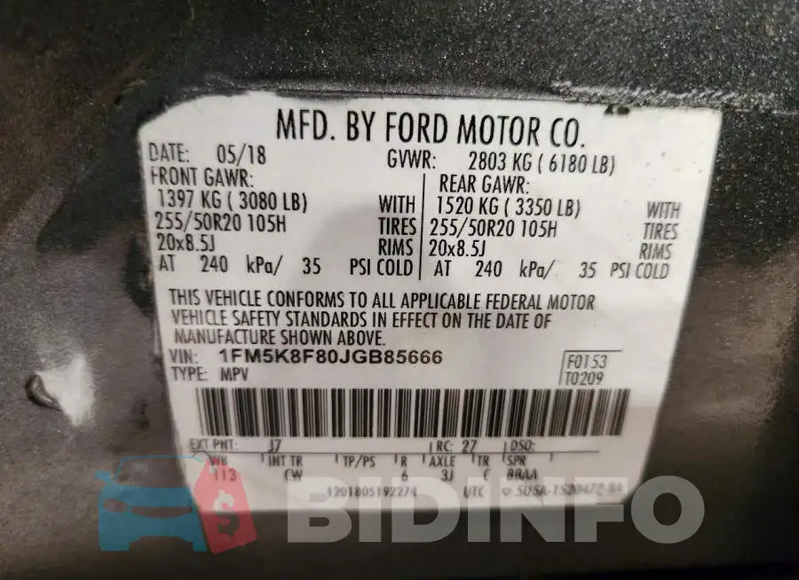 1FM5K8F80JGB85666 Photo# 14