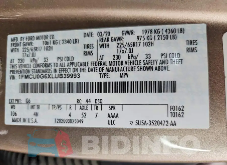 1FMCU0G6XLUB39993 Photo# 12