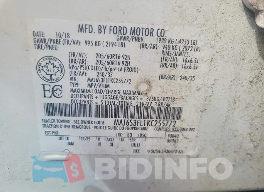 MAJ6S3FL1KC255772 Photo# 13