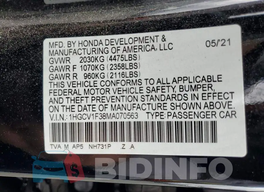 1HGCV1F38MA070563 Photo# 12