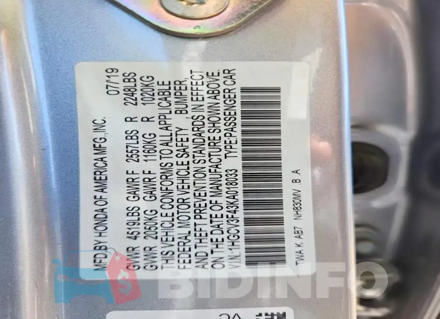 1HGCV3F43KA018033 Photo# 13