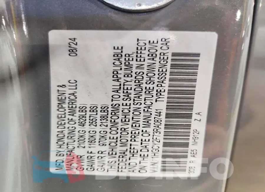 1HGCY2F73RA087441 Photo# 13