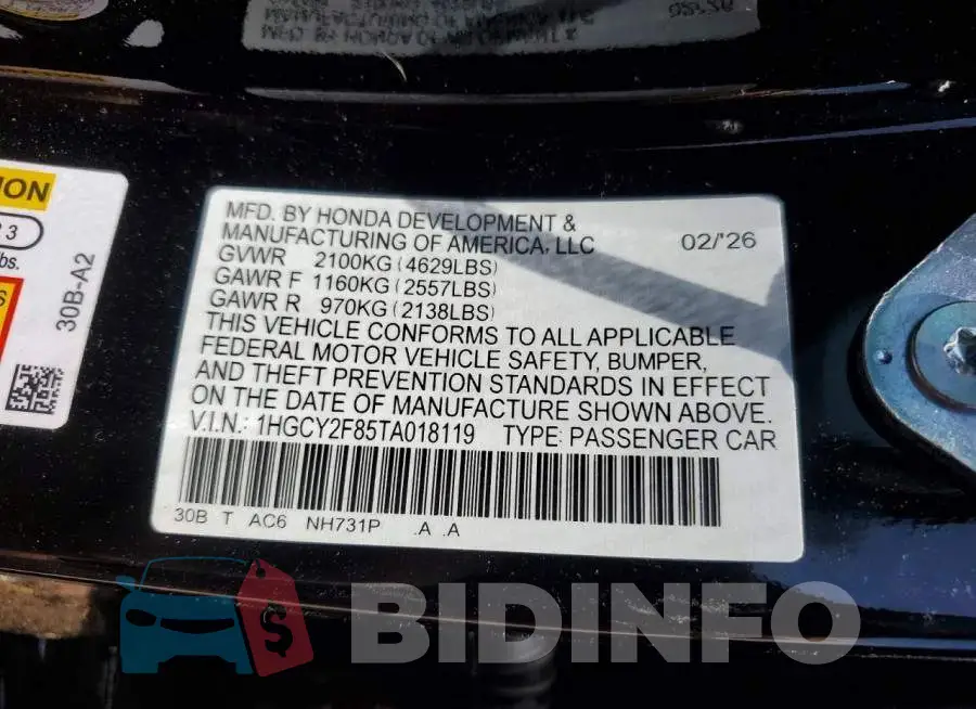 1HGCY2F85TA018119 Photo# 13