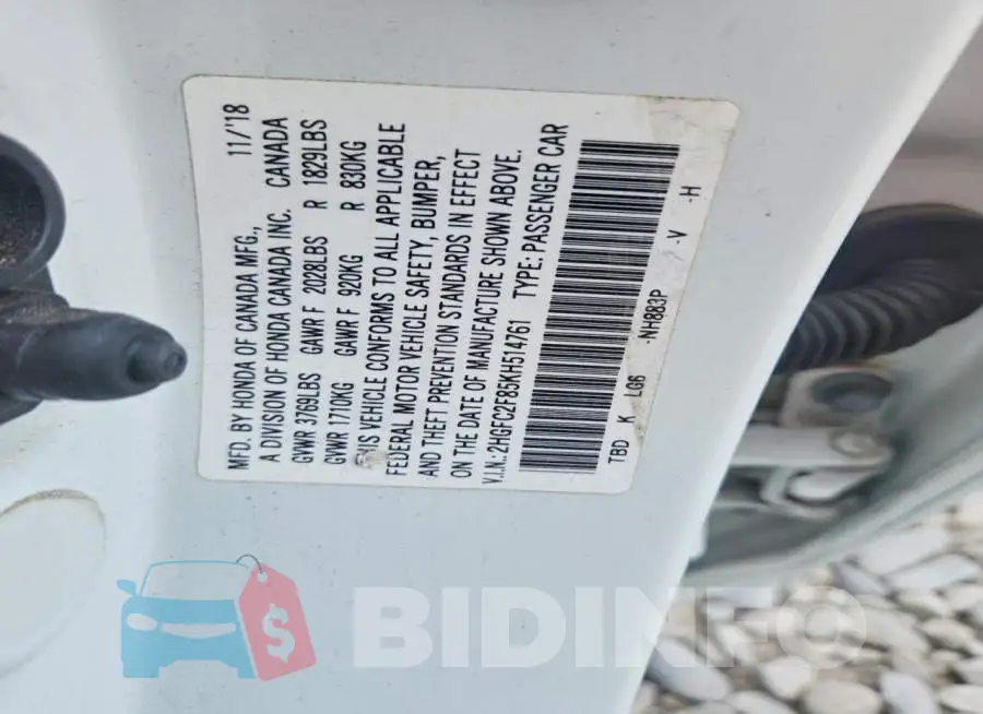 2HGFC2F85KH514761 Photo# 12