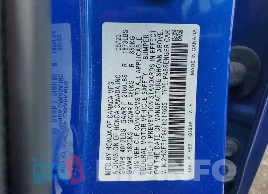 2HGFE1F94PH317665 Photo# 12