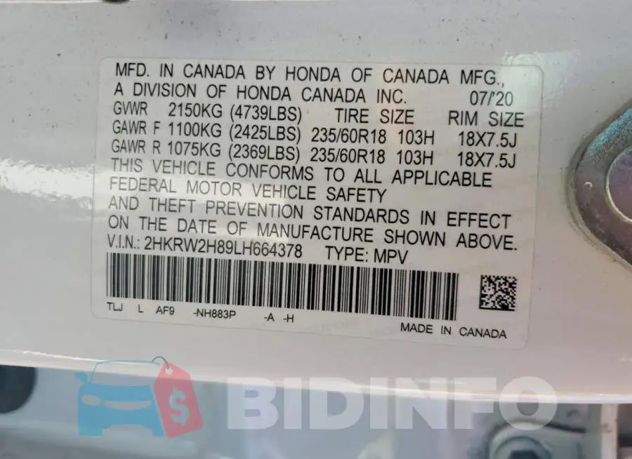 2HKRW2H89LH664378 Photo# 14